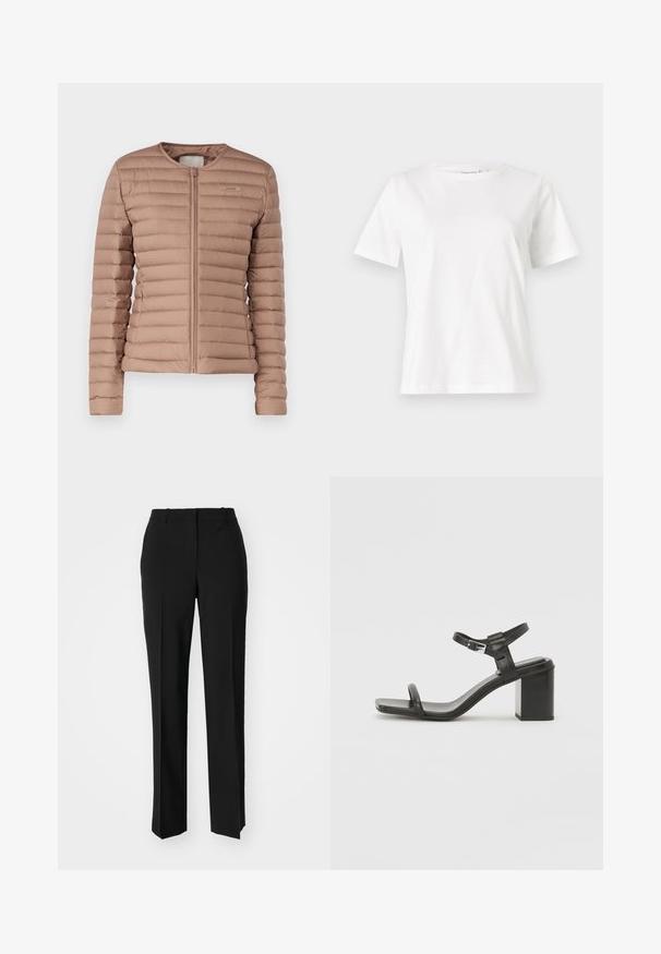 Svetlohnedá prešívaná puffer bunda s okrúhlym výstrihom a predným zipsom. Hladká textúra s jemným brandingom na hrudi.; Biela bavlnená tričko s krátkymi rukávmi, okrúhlym výstrihom a voľným strihom. Hladká textúra, bez vzorov alebo akcentov, minimalistický dizajn.; Čierne krajčírské nohavice so strihom rovného nohu, s hladkou textúrou a ostrými skladmi pozdĺž prednej časti. Žiadne viditeľné hardvér.; Čierne kožené sandále na blokovom podpätku s širokým pásom cez prsty a nastaviteľným pásom okolo členku, s elegantným, minimalistickým dizajnom.