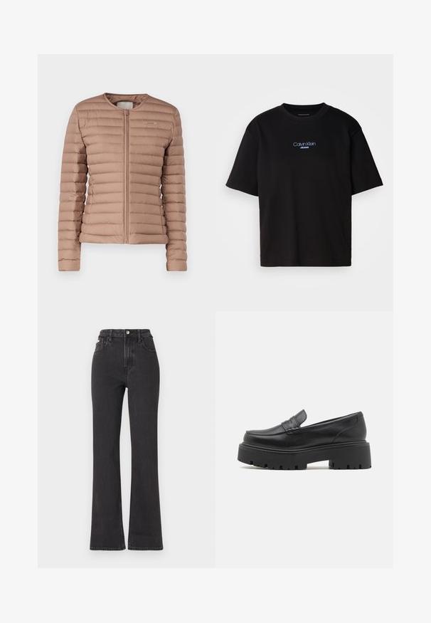 Világosbarna steppelt pufidzseki kerek nyakkivágással és elülső cipzárral. Simaszövetű, a mellkason diszkrét márkázással.; Fekete pamut póló kerek nyakkal, rövid ujjú, elöl kék hímzett "Calvin Klein JEANS" logóval.; Fekete, magas derekú, trapéz fazonú farmernadrág, gombos záródással, övrésszel és oldalsó zsebekkel. Sima textúrájú, minimális kopással.; Fekete bőr loafer-ek alacsony, vaskos gumitalpakkal, varrott díszítéssel a felső részen és sima felülettel.