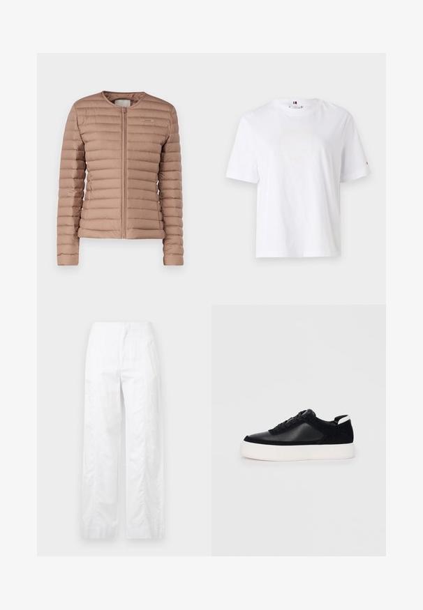Svijetlosmeđi quilted puf kaput s okruglim izrezom i prednjim patentnim zatvaračem. Glatka tekstura s suptilnim logotipom na prsima.; Bijela pamučna majica s okruglim izrezom, kratkim rukavima i suptilnim žutim logotipom koji glasi "HILFIGER NEW YORK 1985." Standardni kroj.; Bijele široke hlače od laganog materijala, s glatkom teksturom, čistim linijama i visokim strukom.; Crne tenisice s glatkom kožom i panelima od antilopa, ravne vezice, zaobljenim vrhom i bijelim gumeni potplat. Izraziti logo na peti.