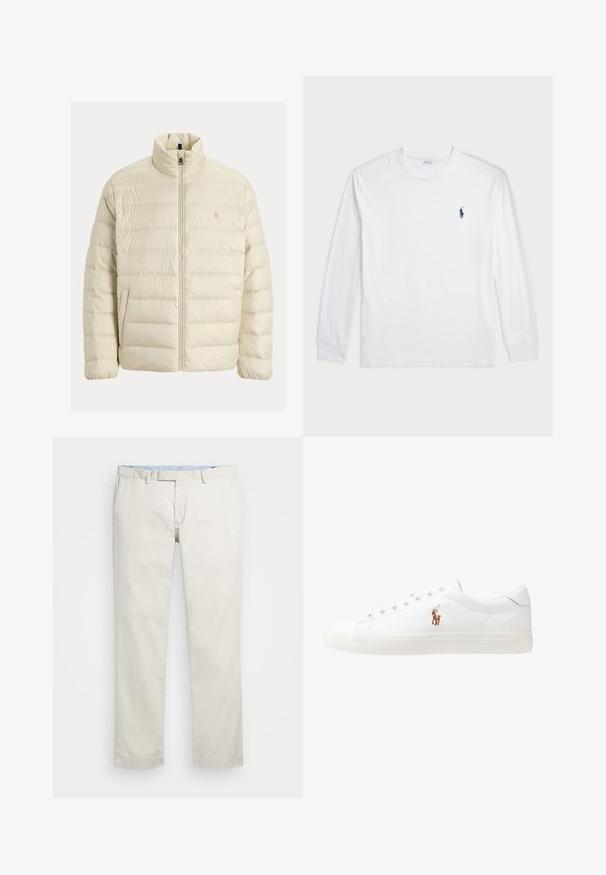 Puhtelj v kremni barvi, izdelan iz šivane tkanine. Ima visok ovratnik, sprednji žep z zadrgo in toniran logotip na prsih.; Bela dolga majica s dolgimi rokavi iz bombaža. Ima okroglo ovratnico, rebraste manšete in majhen temno moder polo logo na levem prsnem delu.; Bežna bombažna chinosa z ravnim sprednjim delom, zankami za pas in stranskimi žepi. Dizajn z ravnimi nogavicami z gladko teksturo in lahkotnim, zračnim občutkom.; Bela usnjena teniski čevlji, nizki model, z gladko teksturo, okrogle konice, vezavi spredaj ter majhnim vezenim logotipom na strani.