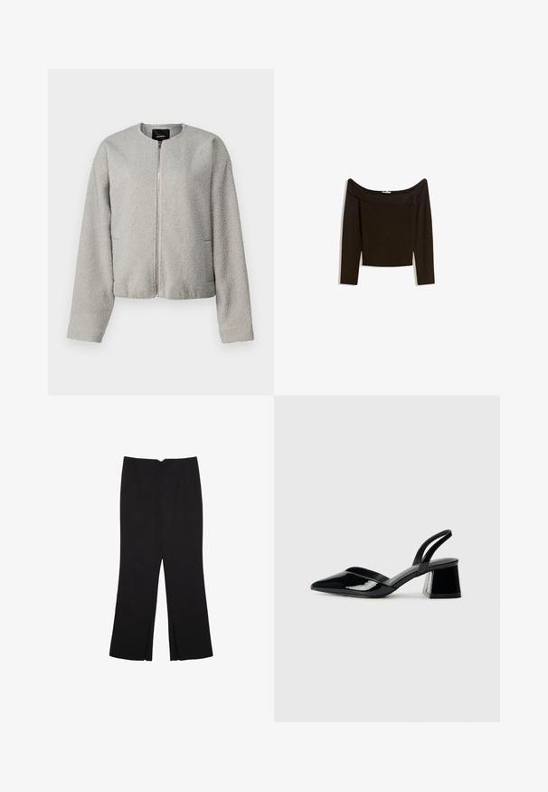 Grå fleecejakke med rund hals, lynlåslukning foran, lange ærmer og to sidelommer. Blød tekstur; cropped design.; Off-shoulder, mørkebrun top i et tætsiddende strikmateriale. Har lange ærmer og et cropped design med en glat tekstur.; Sorte bukser med lige pasform, der har frontlommer og slidser i kanten. Lavet af blødt, glat stof. Velegnet til forskellige anledninger.; Sorte patentlæder slingback hæle med spids tå og en geometrisk blok hæl. Har et elegant, minimalistisk design og en glat tekstur.