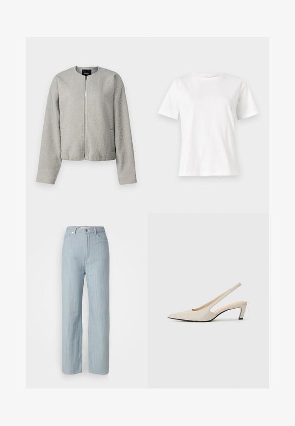 Giacca in fleece grigia con colletto tondo, chiusura frontale con zip, maniche lunghe e due tasche laterali. Texture morbida; design corto.; T-shirt bianca in cotone con maniche corte, scollatura rotonda e vestibilità rilassata. Struttura liscia, senza motivi né accenti, design minimalista.; Jeans dritti blu chiaro in denim. Presentano cinque tasche, una chiusura con bottone in metallo e leggere sfumature per aggiungere texture.; Scarpa slingback a punta in pelle beige, con design a taglio, tacco a blocco di 5 cm e texture liscia. Accenti di suola nera.