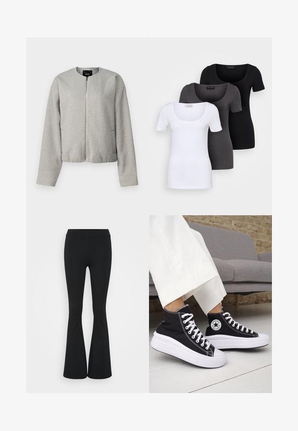 Grå fleecejakke med rund hals, lynlåslukning foran, lange ærmer og to sidelommer. Blød tekstur; cropped design.; Tre tætsiddende T-shirts i hvid, grå og sort. Hver af dem har en bred scoop-udskæring og korte ærmer. Fremstillet af glat, strækbart stof.; Sorte flagrende bukser lavet af strækbart stof, med en høj talje og en glat tekstur. Bukserne flared fra knæet.; Sorte sneakers med højt skaft, hvide gummisåler og snørebånd. Har en rund logo-patch og kontrasterende hvide syninger. Fremstillet af lærredsmateriale.