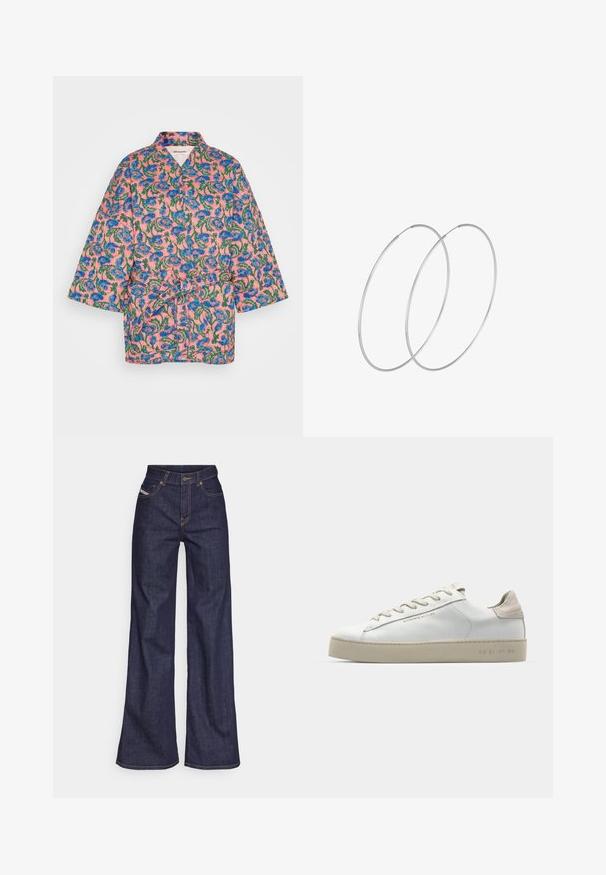 Lollys Laundry Abrigo corto - multi-colour; Top de cuello alto de manga larga en color azul marino. Fabricado con una tela suave y de textura lisa. Presenta un diseño ajustado y un cuello alto sin costuras visibles.; Vaqueros de pierna ancha de color azul oscuro, fabricados en denim, con cintura alta, costuras naranjas, diseño de cinco bolsillos y cierre de botón.; Zapatilla de deporte blanca de cuero con un acabado suave, acentos de gamuza beige, punta redonda, diseño plano con cordones y suela de goma texturizada.; Pendientes de aro plateados con un diseño minimalista. Forma circular, textura suave y perfil delgado. Livianos con un acabado pulido.