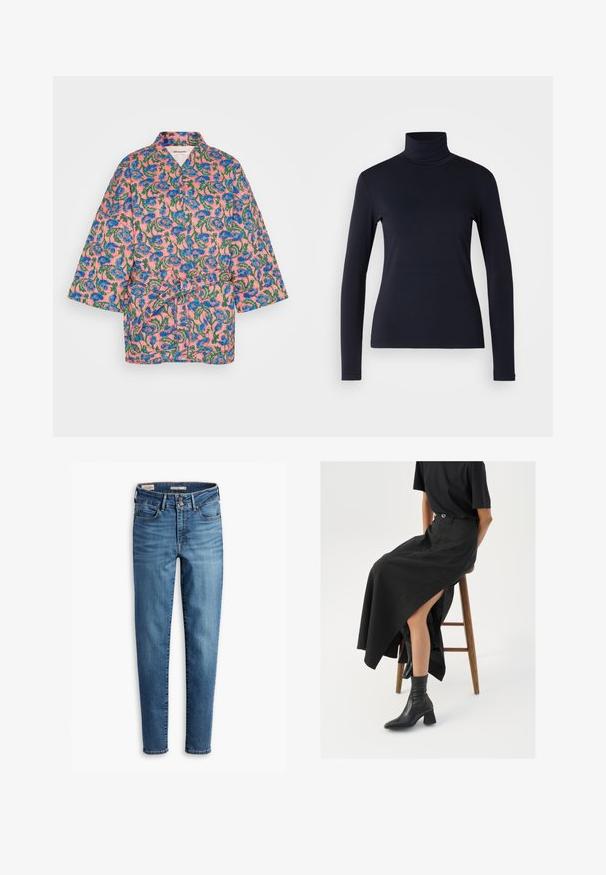 Lollys Laundry Īss mētelis - multi-colour; Jūras flotes turtlenecks ar gariem piedurknēm. Izgatavots no mīksta auduma ar gludu tekstūru. Iezīmēts ar pieguļošu dizainu un augstu apkakli bez redzamām šuvēm.; Augsti vidukļa skinny džinsi gaiši zilā denīmā. Iespējas: piecas kabatas, priekšējā pogu aizdare un klasiskās šuvju detaļas visā apģērbā.; Melna lina maxi svārki ar augstu šķēlumu, valkāti ar melnu T-kreklu un melniem potīšu zābakiem. Minimālistisks dizains ar brīvu piegriezumu.