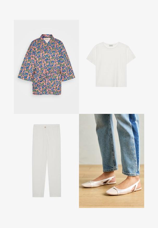 Lollys Laundry Korte frakker - multi-colour; Hvid kortærmet T-shirt lavet af blødt bomuld. Har en rund halsudskæring og en afslappet pasform. Rent design uden synlige mønstre eller accenter.; Hvide, skrædderlavede bukser med lige ben design, udstyret med knaplukning, bæltesløjfer og sidelommer; glat stoftekstur.; Lyserøde slingback flade sko med spidse tær, lavet af et glat læderlignende materiale. Har udskæringsdetaljer på siderne og en flad hæl.