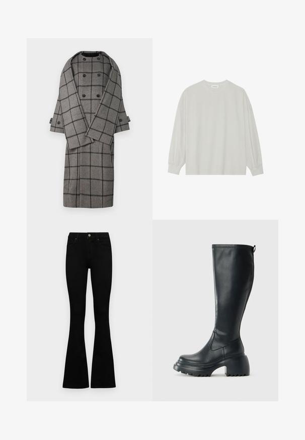 Grå ullfrakk med et svart rutenettmønster, dobbelspent front med svarte knapper, vide ermer og en myk tekstur.; Lys grå langermet t-skjorte laget av myk bomull. Har en løs passform, rund hals og forsiktig samlet mansjetter. Ingen mønstre eller grafikk.; Sorte høytlivsjeans med knapp og glidelås, frontlommer og utsvingte bein liggende flatt på en hvit bakgrunn.; Høy svart lærstøvel med chunky plattformsåle og blokkhelt, med trekkstang og teksturert mønster på yttersålen.