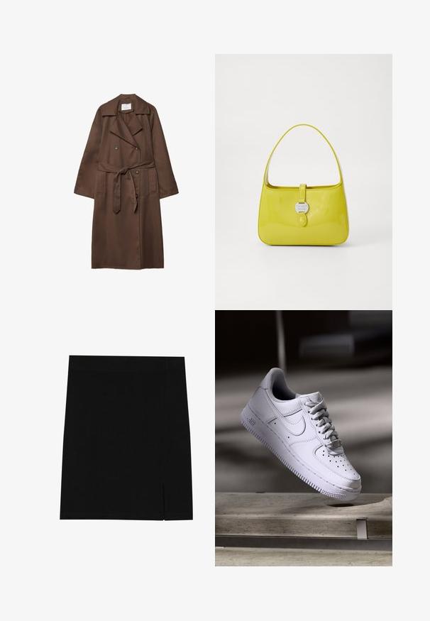 Manteau trench brun avec un design à double boutonnage, grand col, manches longues, ceinture à la taille et deux poches avant. Texture de tissu lisse.; Chemise à manches longues, bleu clair, à boutons. Fabriquée en tissu doux et texturé avec un col standard, dotée d'une fermeture à boutons sur le devant et de manches à poignet.; T-shirt blanc à manches courtes en tissu doux. Dispose d'un col rond et d'un design simple et épuré avec un ourlet droit.; Mini-jupe noire en tissu doux avec une coupe ajustée, présentant une légère fente sur le côté pour plus de style.; Baskets Nike Air Force 1 blanches lévitant au-dessus d'une surface en béton avec des ombres dans un cadre minimaliste.; Sac à main en cuir verni jaune à la forme structurée, avec une poignée supérieure et une fermeture à pression à l'avant, ornée d'un accent en métal circulaire portant un logo.