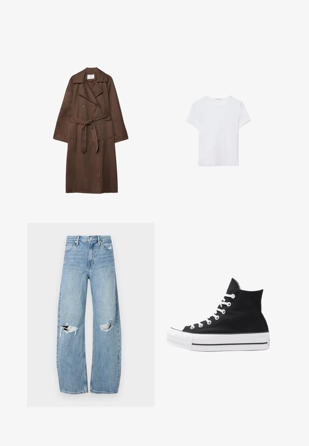 Brązowy płaszcz trenchowy z podwójnym zapięciem, dużym kołnierzem, długimi rękawami, paskiem w talii oraz dwiema kieszeniami z przodu. Gładka tekstura materiału.; Biała koszulka z krótkim rękawem wykonana z miękkiego materiału. Posiada okrągły dekolt oraz prosty, minimalistyczny design z prostym dołem.; Jasnoniebieska, długorękawowa, koszula zapinana na guziki. Wykonana z miękkiego, teksturowanego materiału, z klasycznym kołnierzykiem, z przodem zapinanym na guziki i mankietami z zapięciem.; Jasnoniebieskie, wysokiej talii dżinsy wykonane z denimu. Posiadają szerokie nogawki, dwa podarte miejsca na kolanach oraz klasyczne pięć kieszeni.; Czarny wysokopodbiciowy sneaker z płótna, z białymi oczkami, sznurówkami i gumową podeszwą. Posiada teksturowany czubek oraz czarno-białe paski.