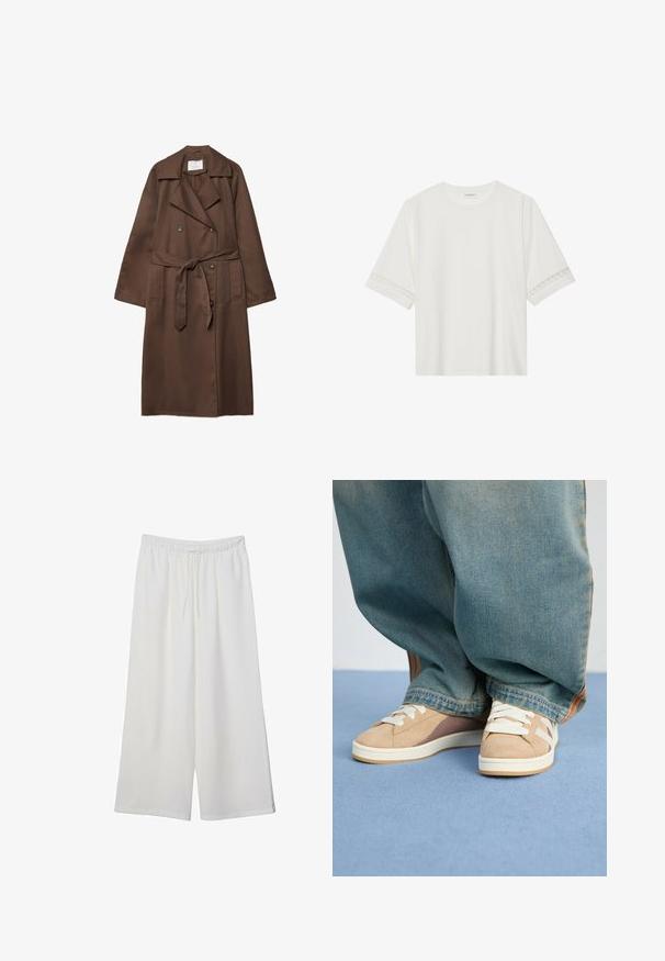 Rjav plašč s dvojno zapenjanjem, velikim ovratnikom, dolgimi rokavi, pasom in dvema sprednjima žepoma. Gladka površina tkanine.; Bela kratka majica s kratkimi rokavi iz bombaža, okrašena z dekorativnim čipkastim robom ob rokavih in okroglo izrezom.; Bele široke hlače iz lahkega materiala, ki imajo elastičen pas in vrvico za prilagajanje. Gladka tekstura.; Bež športni copati iz usnja in blaga, z belimi vezalkami, svetlobrumenimi poudarki in teksturiranim podplatom. Nosi se z ohlapnimi modrimi kavbojskimi hlačami.