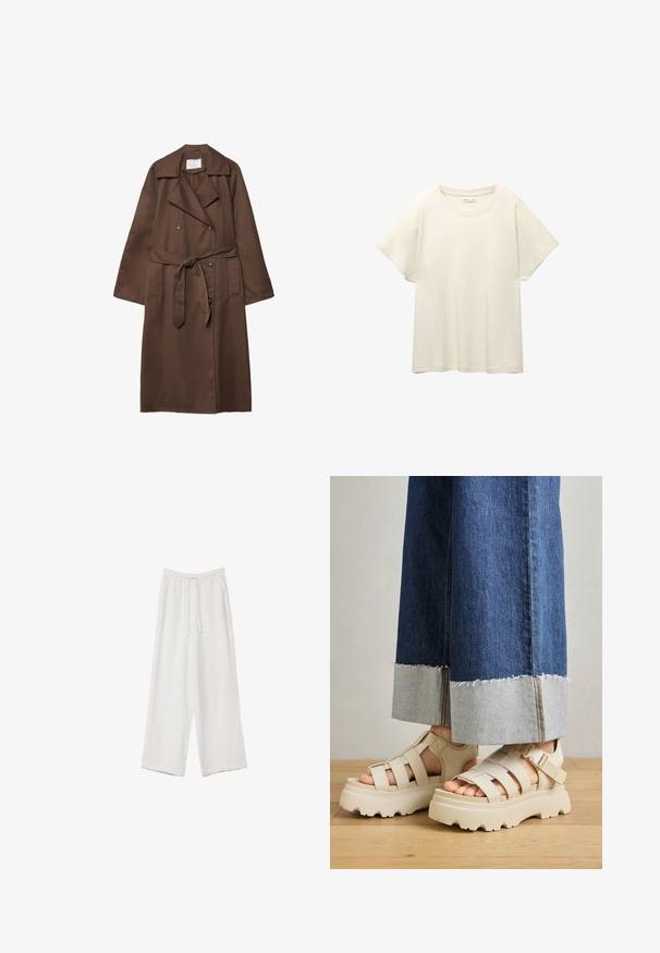 Brun trenchcoat med en dobbeltbrystet design, stor krave, lange ærmer, bælte i taljen og to forlommer. Glat stofstruktur.; Lys beige kortærmet t-shirt med rund halsudskæring, lavet af blødt, glat stof. Har en afslappet pasform og lige forneden.; Hvide bukser med bred benlængde lavet af et letvægtsstof. Har et elastisk talje med snor og sidelommer. Glat tekstur.; Beige platform sandaler med tykke såler har et bånddesign og justerbare ankelremme. Båret med bredbenede denimbukser, hvor den ene kant er flosset.