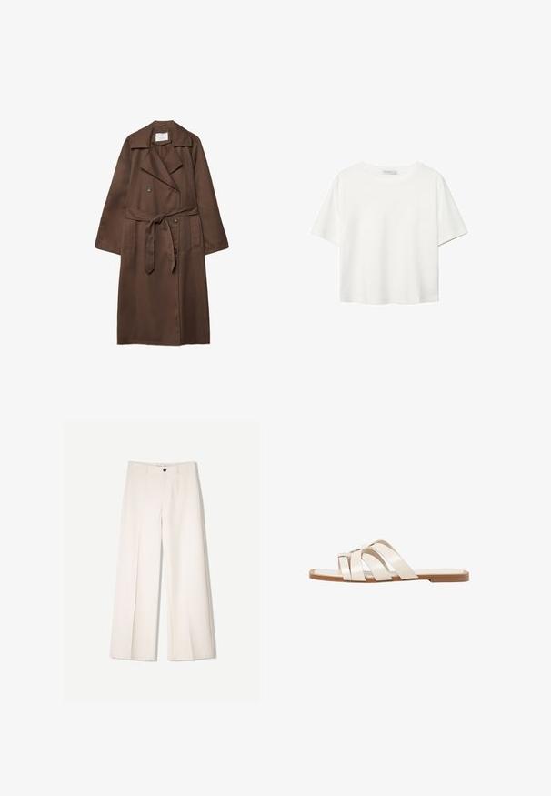 Smeđi trench kaput s dvostrukim kopčanjem, velikim ovratnikom, dugim rukavima, remenom u struku i dva prednja džepa. Glatka tekstura tkanine.; Bijela majica kratkih rukava od pamuka. Ima okrugli izrez i opušteni kroj. Glatka tekstura bez vidljivih uzoraka ili naglasaka.; Kreme hlače širokih nogavica s krojem koji je prilagođen, s dva prednja džepa i jednim prednjim zatvaranjem na gumb, izrađene od glatkog materijala.; Ravne sandale s smeškom od gume, dizajnirane s tri preklapajuće bele kožne trake i malim detaljem mašne u sredini.