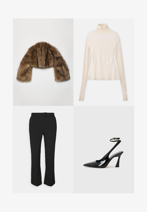 A.W.A.K.E. MODE ROUNDED SLEEVE CROPPED - Chaqueta de invierno - brown; Un suéter de cuello alto crema, hecho de una tela suave y lisa, con mangas largas, una silueta ajustada y un ligero estiramiento para mayor comodidad.; Pantalones negros ajustados con un diseño de pierna recta, que cuentan con pasadores para cinturón y bolsillos laterales. Elaborados con una tela suave y un acabado limpio.; Tacan de charol negro con tacón alto de slingback, con punta afilada, correa ajustable en el tobillo y un tacón bloque moderado. Textura suave con acabado brillante.