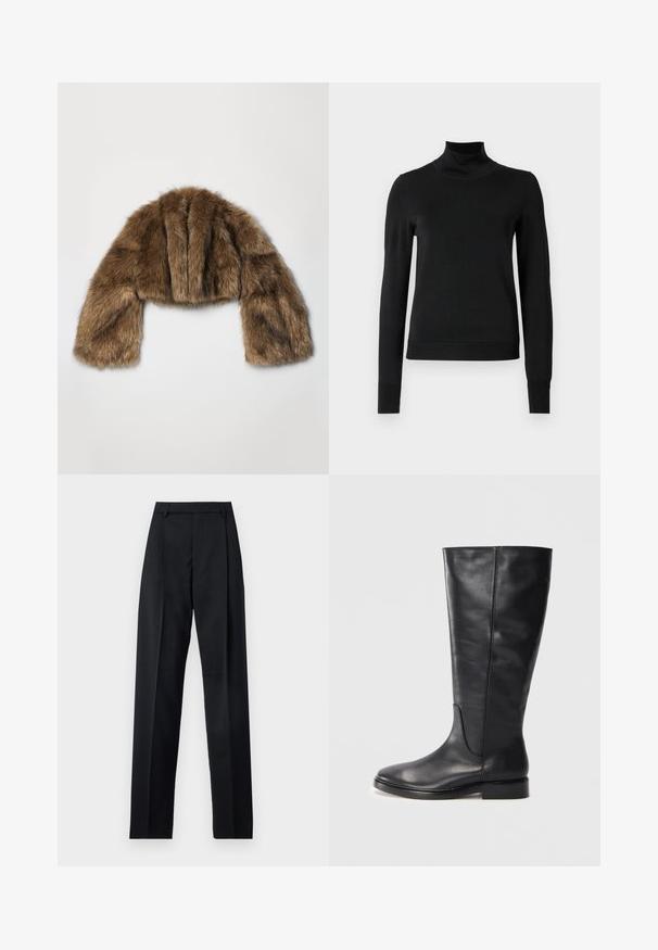 A.W.A.K.E. MODE ROUNDED SLEEVE CROPPED - Ziemas jaka - brown; Melnas garām piedurknēm turtlenecks džemperis ar ribotām aprocēm un apakšmali, attēlots uz vienkārša balta fona.; Melnas bikses, izgatavotas no gludas auduma, ar augstu vidukli, platiem bikšu galdniekiem, priekšējiem krokām un klasiskām jostu cilpām. Sānu kabatas nav redzamas.; Melnas ādas zābaki līdz ceļgaliem ar zemu papēdi un noapaļotu purngalu, parādot šuvju detaļas gar kājas šuvi un purngalu.