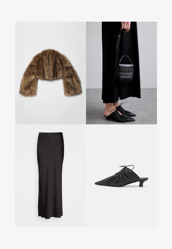 A.W.A.K.E. MODE ROUNDED SLEEVE CROPPED - Vinterjakker - brown; Sort ribbet tanktop med rund hals og hvidt broderet logo. Stoffet har en glat tekstur med en tætsiddende form.; Sort, maxiskørt i satin med en glat tekstur, tætsiddende talje og A-formet silhuet, uden synlige udsmykninger eller mønstre.; Sorte læder slip-on mules med spids tå, samlet tekstur og en lille kitten heel. Har en snor-detalje ved åbningen.; Lille sort læder håndtaske med en rund form, topgreb og aftagelig rem. Bæres med sort stofkjole og sorte plisserede sko.