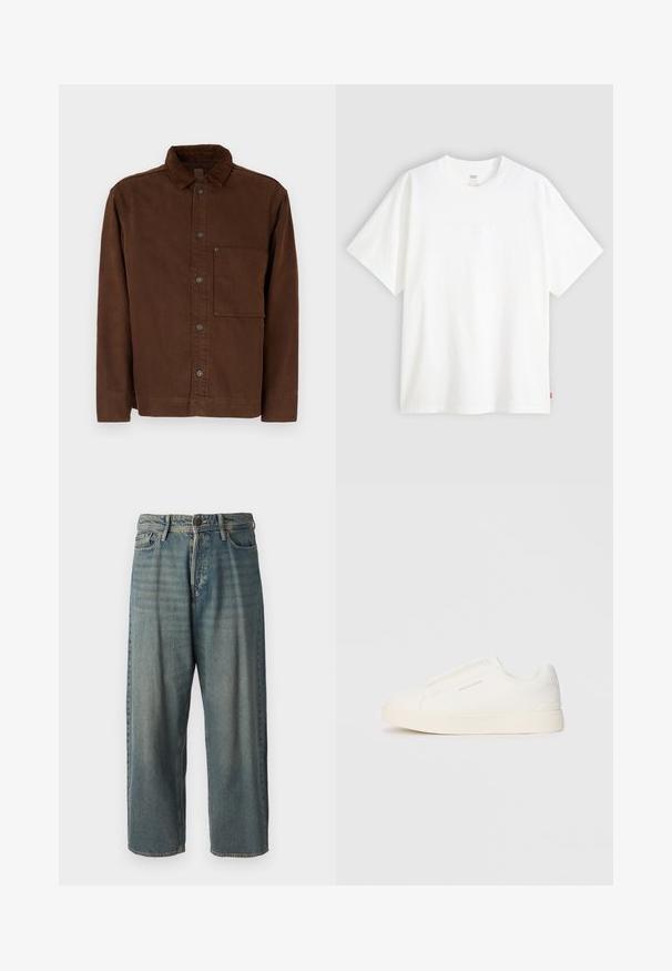 Pruun nööpidega jakker, mis on valmistatud puuvillast, featuring kaelus, pikad varrukad, eesmine tasku ja pruunid nööd. Sile tekstuur, ühtlane värv.; Valge lühikeste varrukatega puuvillane T-särk, millel on ümmargune kaelus. Ees on peene reljeefse logoga detail ja hemmi peal punane silt.; Heledad sinine denim-stiilis teksad, volüümse lõike, keskmise kõrgusega talje ja sirgete säärega. Omab viit taskut, vöökumme ja nööpide sulgemist.; Valged libisemiskindlad tossud tekstuuriga pinnaga, paksu tallaga ja minimalistikus disainis. Küljel on brändi logo.