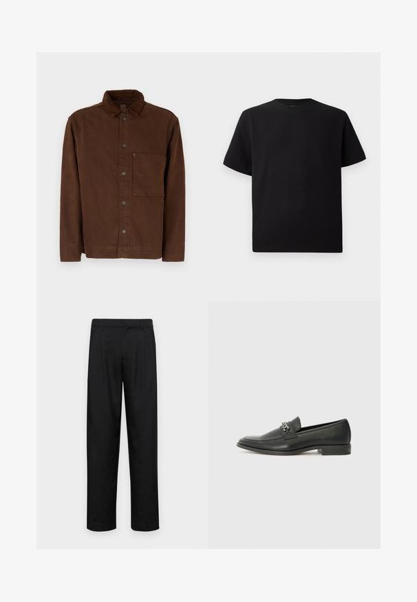 Brown button-up jacket in cotton material, featuring a collar, long sleeves, front pocket, and brown buttons. Smooth texture with solid color.; Black short-sleeve T-shirt made of textured fabric, featuring a round neckline and a relaxed fit. Simple, no patterns or accents.; Black trousers made of smooth fabric, featuring a straight-leg design, two front pleats, and standard waistband with belt loops.; Black leather loafer with a smooth finish, featuring a stitched design and a decorative metal chain accent across the vamp. Flat heel.