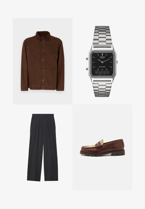 Brown button-up jacket in cotton material, featuring a collar, long sleeves, front pocket, and brown buttons. Smooth texture with solid color.; White long-sleeve cotton t-shirt with a crew neck, featuring ribbed cuffs and a straight hem, smooth texture, and minimalistic design.; Wide-leg trousers made of dark gray fabric. Features pleats at the waist, a tailored design, and a straight silhouette.; Brown leather loafers with a taupe canvas accent, stitched detail, and a textured rubber sole designed for comfort and durability.; Silver stainless steel quartz watch with a black rectangular face, featuring analog hands, digital display, and water resistance label.