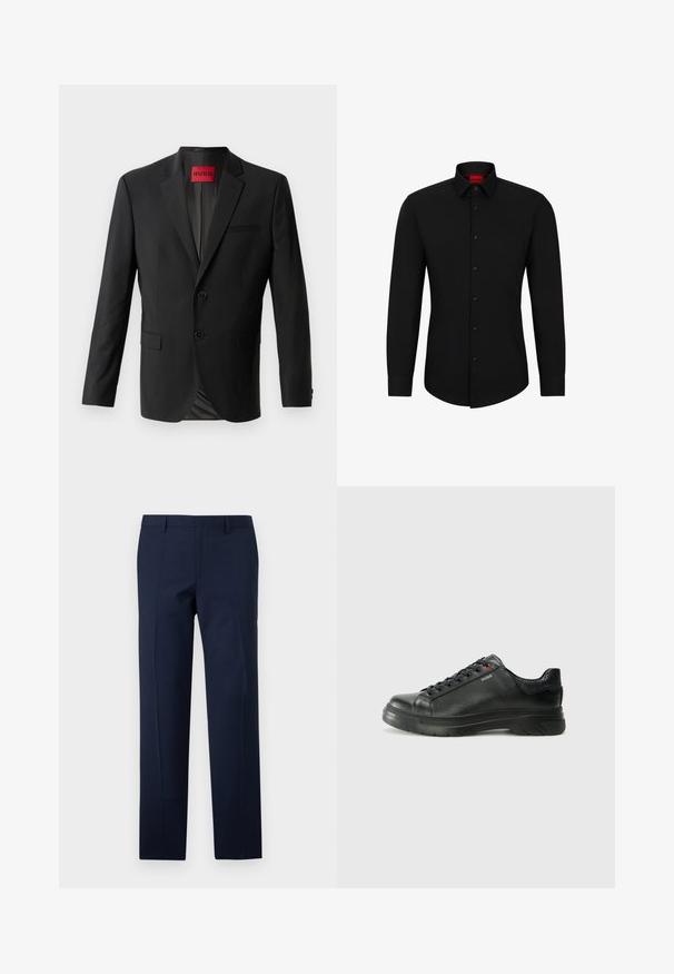 Černý blazer vyrobený z hladkého materiálu, s dvěma předními knoflíky, s klopovými límci a jednou náprsní kapsou. Na vnitřní straně límce je viditelná etiketa.; Černá košile s dlouhým rukávem a zapínáním na knoflíky, klasickým límcem a zaobleným spodním lemem; má černé knoflíky a červené logo uvnitř límce.; Námořnické modré kalhoty s přiléhavým střihem, se hladkým povrchem, ostrými záhyby a plochým předním designem. Skrytý zip jako zapínání.; Černé kožené tenisky s texturovaným svrškem, polstrovaným límcem a červeným logem. Disponují tlustou gumovou podrážkou s výrazným vzorem.