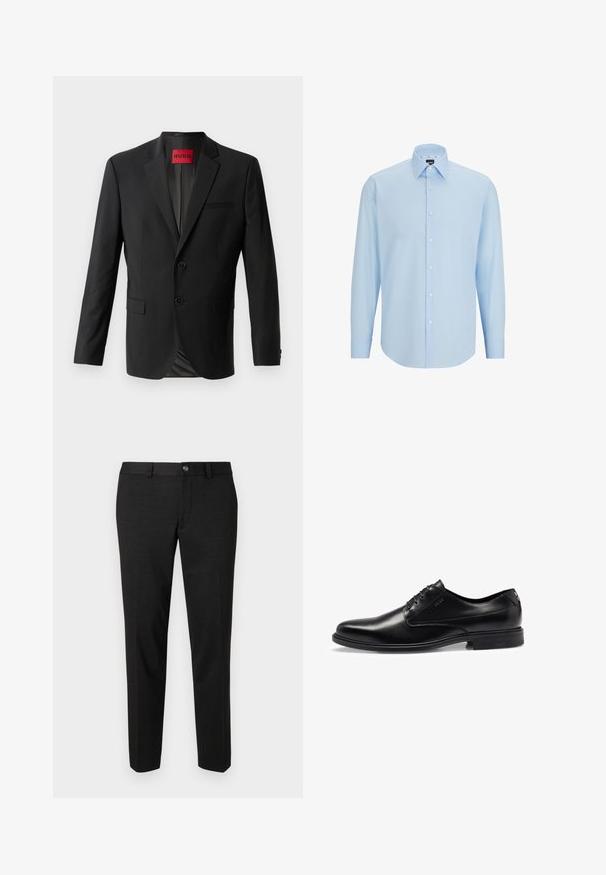 Black blazer made from smooth fabric, featuring two front buttons, notched lapels, and a single chest pocket. Label visible inside collar.; Light blue long-sleeve dress shirt made of smooth fabric, featuring a button-down front, pointed collar, and regular fit.; Black trousers made of a smooth fabric. They feature a straight cut, a flat front, and a button closure with a simple waistband design.; Black leather dress shoe with a smooth finish, lace-up design, rounded toe, and subtle stitching details. Features a black rubber sole.