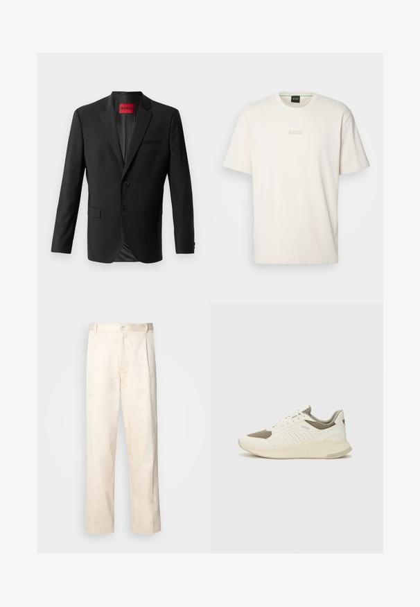 Fekete blézer sima anyagból, két elülső gombbal, kivágott hajtókákkal és egyetlen mellzsebbel. Címke látható a gallér belső oldalán.; BOSS TEE - Basic póló - open white; Beige pamut nadrág egyenes szárú kivágással, gombos záródással és elülső redőkkel a részletek fokozása érdekében.; Fehér és világos bézs sportcipő, légies hálós felsőrésszel, perforált részletekkel és texturált középtalppal, amelyen a saroknál a márka logója található.