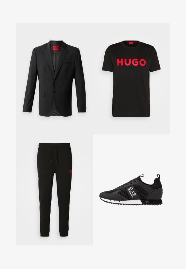 Melnā bleizera izgatavots no gludas auduma, kura priekšpusē ir divi pogas, izgriezti apkakles un viens krūšu kabata. Etiķete redzama iekšējā apkakles pusē.; Melns kokvilnas T-krekls ar izteiksmīgām sarkanm sērijas "HUGO" uzrakstam priekšpusē, īsām piedurknēm, apaļu kakla izgriezumu un brīvu piegriezumu.; Melni sporta bikses, kas izgatavotas no mīksta auduma, ar regulējamu jostasvietu, šauru piegriezumu un sarkanu logo uz kreisā augšstilba.; EA7 Emporio Armani Treniņu apavi - black/white