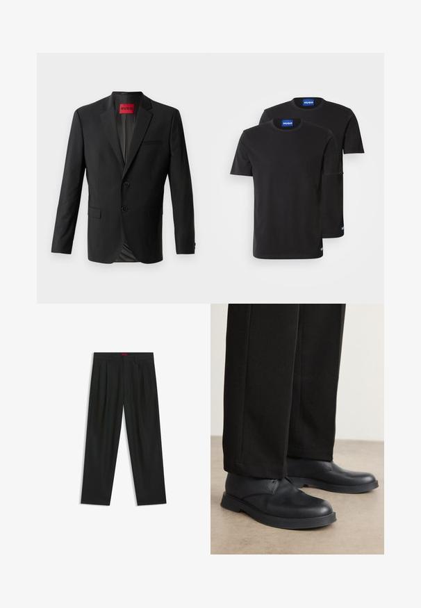Black blazer made from smooth fabric, featuring two front buttons, notched lapels, and a single chest pocket. Label visible inside collar.; Two black cotton T-shirts with round necklines, short sleeves, and blue "HUGO" labels on the collars and side hems.; Black trousers with a pleated design, wide leg shape, and a smooth texture. Features a red waistband tag.; Black leather shoes with a rounded toe, flat sole, and minimal detailing. Paired with tailored black pants, showing smooth texture.