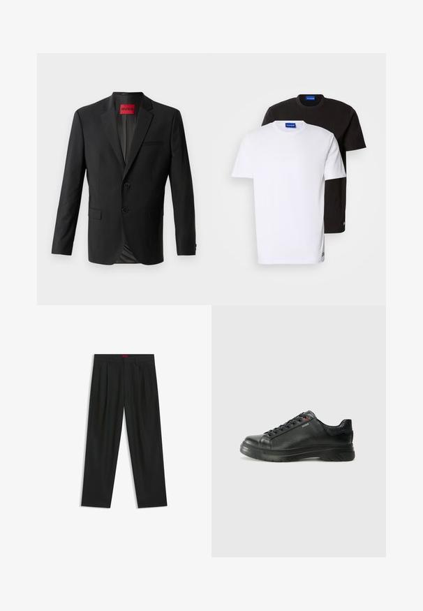 Black blazer made from smooth fabric, featuring two front buttons, notched lapels, and a single chest pocket. Label visible inside collar.; Two T-shirts stacked: one white and one black. Short sleeves, round necklines, cotton fabric. Features a small blue logo at the neckline.; Black trousers with a pleated design, wide leg shape, and a smooth texture. Features a red waistband tag.; Black leather sneaker with textured upper, padded collar, and red logo detail. Features a thick rubber sole with distinct tread pattern.