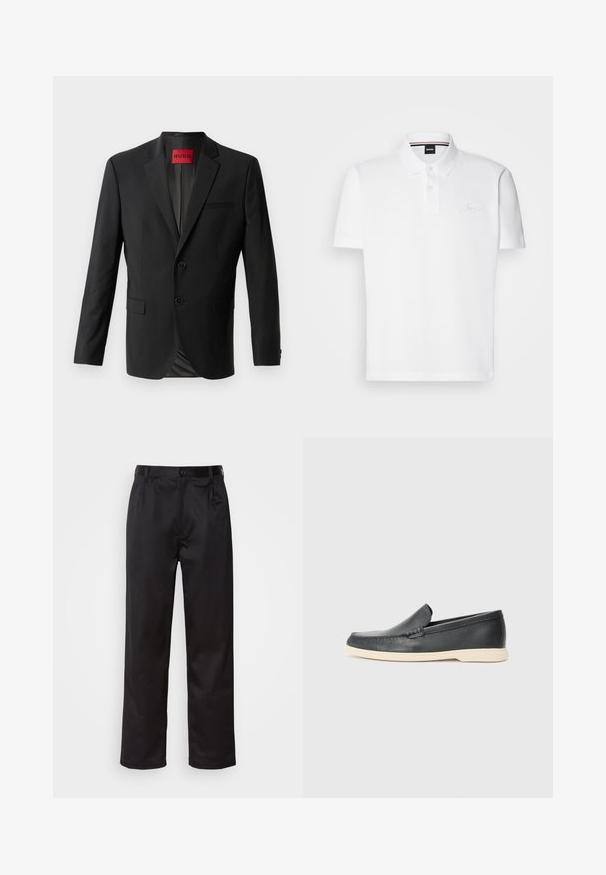 Melnā bleizera izgatavots no gludas auduma, kura priekšpusē ir divi pogas, izgriezti apkakles un viens krūšu kabata. Etiķete redzama iekšējā apkakles pusē.; Balts polo krekls, kas izgatavots no kokvilnas un poliestera maisījuma, ar apkakli, divu pogu aizdari un diskretu izšūtu logo uz krūtīm.; Melnas bikses, kas izgatavotas no gludas auduma, ar priekšējo pogu aizdari, krokām un taisnām kājām. Nav redzamu rakstu vai akcentu.; Melni ādas kurpes, kas valkājas uz slip-on principa, ar teksturētu apdari un kontrastējošu beigu gumijas zoli. Iespējama smalka apdare priekšpusē.