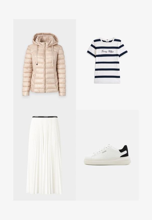 Beige péřová bunda s kapucí, prošívaný design, přední zip, nastavitelné šňůrky a hladký, lesklý povrch. Akcenty zlatého kovu.; Bavlněné tričko s horizontálními námořnickými pruhy na bílém pozadí. Na hrudi je výšivka "Tommy Hilfiger" v kurzívě. Kulatý výstřih.; Záhybová bílá sukně s černým elastickým pasem s logem "LACOSTE". Suška je střední délky a má jemnou texturu.; Bílé kožené tenisky s tlustou bílou podrážkou, černým semišovým akcentem na patě a vyraženým logem na boku. Šněrovací design se šesti očka.