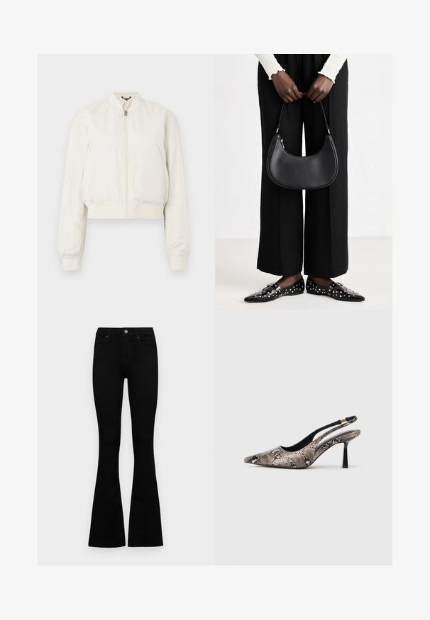 Cropped bomber jacket in off-white fabric, featuring a zip front, stand collar, and ribbed cuffs, with a smooth, matte texture.; White sleeveless top with a round neckline. Made of smooth fabric, it features a relaxed fit and minimalist design. No patterns or accents.; Black high-waist jeans with a button and zip closure, front pockets, and flared legs laid flat on a white background.; Pointed-toe slingback shoes made of textured snake print material, featuring a slender black heel and a cutout design on the sides.; Black leather shoulder bag with a rounded shape, glossy finish, and silver hardware. Person wearing black wide-leg pants and studded loafers.