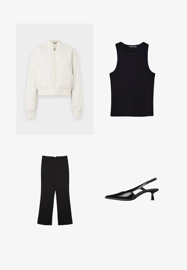 Cropped bomberjakke i off-white stof, med lynlås foran, opretstående krave og ribstrikkede manchetter, med en glat, mat tekstur.; Sort tank top lavet af bomuld, med rund halsudskæring og brede armhuller. Glat tekstur med syede kanter. Klassisk, minimalistisk design.; Sorte bukser med lige pasform, der har frontlommer og slidser i kanten. Lavet af blødt, glat stof. Velegnet til forskellige anledninger.; Sorte patentlæder slingback hæle med spids tå, udskåret sideskærm og en lille firkantet hæl. Glat tekstur med minimale detaljer.