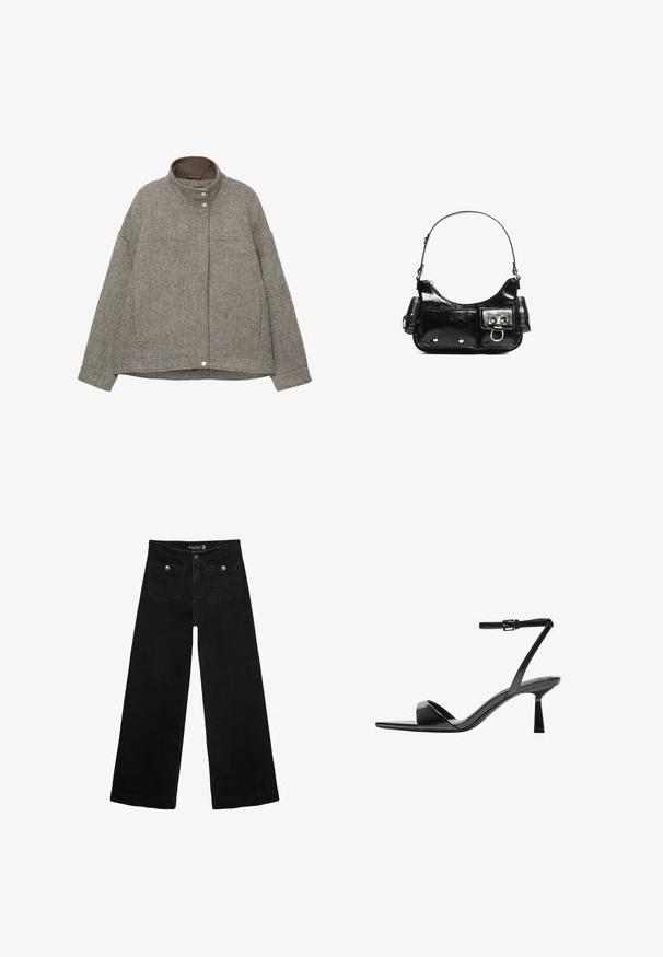 Harmaa villasekoitteen takki, jossa on korkea kaulus, nepparikiinnitys, pitkät hihat, kaksi etutaskua ja teksturoitu herringbone-kuosi.; Mustat pitkät hihat lyhyt toppi, jossa on pyöreä kaula-aukko, yksinkertainen muotoilu ja hieman kaareva helma.; Mustat leveälahkeiset farkut korkean vyötärön kanssa, joissa on kaksi etutaskua ja metalliset nappikoristeet. Kangas on sileä.; Bershka Korolliset sandaalit - black; Mustekko mustasta kiiltonahasta valmistettu käsilaukku, jossa on kaareva muoto, yksi olkahihna, etutaskut ja hopeanväriset yksityiskohdat.