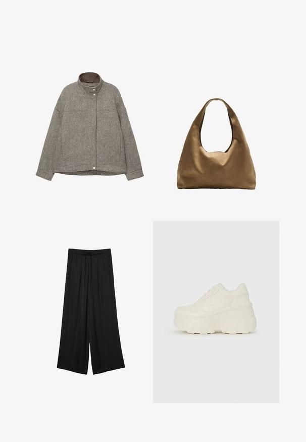 Siva jakna od mješavine vune s visokim ovratnikom, zatvaranjem na dugmad, dugim rukavima, dva prednja džepa i teksturiranim uzorkom riblje kosti.; Smešani smeđi top bez rukava sa kvadratnim izrezom, izrađen od mekanog, rastezljivog materijala. Ima kroj koji se uklapa i ravne šavne.; Crne široke hlače od laganog materijala, s elastičnim pojasom i vezicom. Glatka tekstura, bez vidljivih uzoraka ili akcenta.; Bijele platformske tenisice s glatkim gornjim dijelom koji nalikuje koži, zaobljenim oblikom, podstavljenim okvirom i teksturiranim gumeni potplat s definiranom profilacijom.; Smeđa platnena torba za rame s širokim, zaobljenim tijelom i velikim izrezanim drškom. Mekana tekstura, minimalistički dizajn i bez vidljivog hardvera.