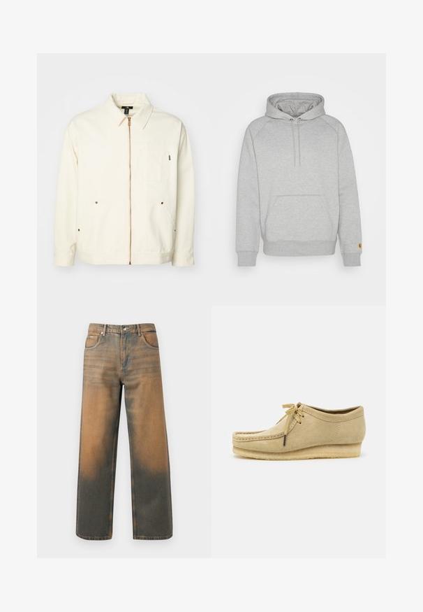 Cream-colored jacket made of cotton, featuring a zip front, pointed collar, two patch pockets, and copper-tone hardware accents.; Gray hooded sweatshirt with a kangaroo pocket, ribbed cuffs, and hem, featuring a logo patch on the left sleeve. Soft fabric texture.; Wide-leg jeans in distressed blue and brown denim. Features a high waist, front pockets, and a classic button closure with metallic accents.; Beige suede shoe with a lace-up design, stitched detailing, and a rubber sole. The shape is casual with a slight wedge heel.