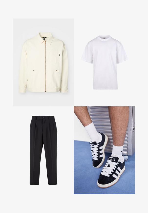 Kreemikas värvi puuvillane jakk, millel on lukuga esiosa, terav krae, kaks paigaldatud taskut ja vasktoonilised sisekujunduse aksessuaarid.; Valge puuvillane t-särk ümmarguse kaeluse, lühikeste varrukate ja lõdva lõikega. Omab lihtsat disaini ilma mustrite või aktsendita.; Mustad püksid, millel on voltidega eesmine disain, valmistatud siledast kangast. Omab nup closure ja vöökinnitusauke; sirge jalgade lõige.; Mustad nahkjalatsid valgete paelte ja kolme valge triibuga. Omab ümmargust musta logo keele peal ning kummist tallat.