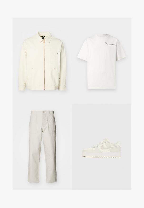 Casaco de cor creme feito de algodão, com fecho de correr na frente, colarinho pontudo, dois bolsos de chapa e detalhes em tom de cobre.; T-shirt branca de algodão com mangas curtas, gola redonda e texto preto impresso no peito com a escrita "Carhartt Work in Progress 1989".; Calças largas em bege claro, feitas de algodão. Apresentam bolsos frontais e fecho com botão. Textura suave com linhas verticais subtis.; Ténis Nike Air Force 1 brancos com parte superior em pele lisa, detalhes cinza claro, perfurações no bico e sola de borracha texturada.