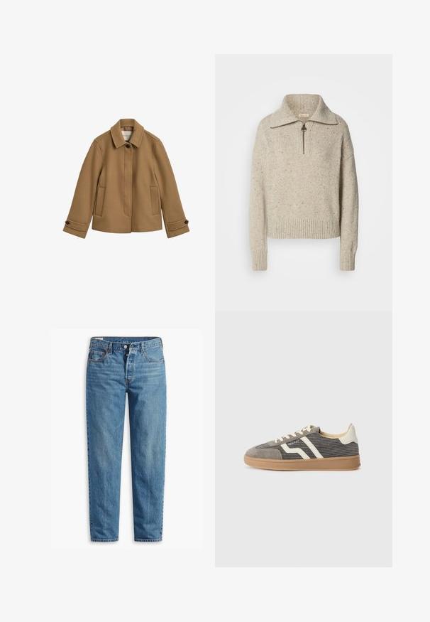 Brown, wool blend jacket with a straight cut, a collar, two front pockets, and buttoned cuffs. Features a subtle texture and clean lines.; Beige knitted sweater with a high collar, zip closure, and ribbed cuffs and hem. Texture includes specks of darker fibers throughout.; Blue denim jeans with a straight-leg fit, featuring a zip fly, two front pockets, and subtle fading throughout the fabric.; Gray suede sneaker with textured upper, featuring cream stripes and laces, and a gum rubber sole for traction. Classic athletic design.