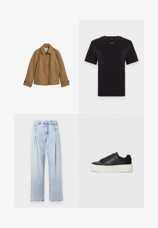 Hnědá bunda ze směsi vlny s rovný střih, límcem, dvěma předními kapsami a knoflíkovými manžetami. Má jemnou texturu a čisté linie.; Černé bavlněné tričko s krátkými rukávy, kulatým výstřihem a malým bílým logem "Calvin Klein" na hrudi. Hladká textura, klasický střih.; Světlé modré džíny z denimu s vysokým pasem, širokým střihem, dvěma bočními kapsami a nařaseným designem. Měkká textura s vybledlým povrchem.; Černé kožené tenisky s kulatou špičkou, bílou platformou a černými tkaničkami. Obsahují nenápadné logo na patě a hladký povrch.