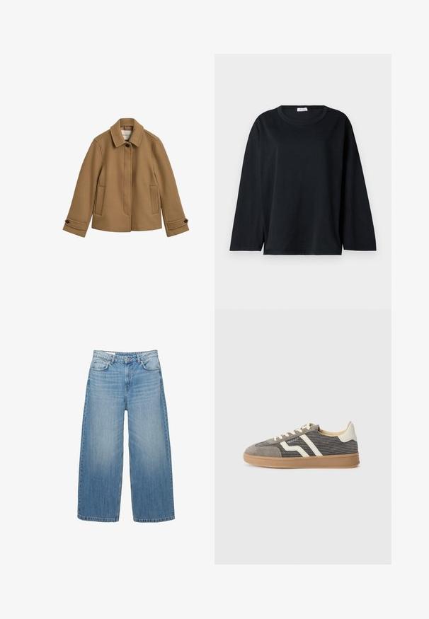 Ruskea villa-sekoitekangas takki, jossa on suora leikkaus, kaulus, kaksi etupussia ja nappikiinnitys hihansuissa. Otaa huomioon hienovaraisen tekstuurin ja siistit linjat.; Musta pitkähihainen t-paita puuvillasta, jossa on pyöreä pääntie, rento malli ja sivuventtiilit helman liikkuvuuden parantamiseksi.; Vaaleansinisiä leveälahkeisia farkkuja, joissa on klassinen viisipesäinenn tyyli ja nappikiinnitys. Haalistunut pinta kauttaaltaan.; Harmaat mokkakengät, joissa on teksturoitu päällinen, creme värisiä raidoja ja nauhoja, sekä kuminen pohja, joka tarjoaa pidon. Klassinen urheilullinen muotoilu.