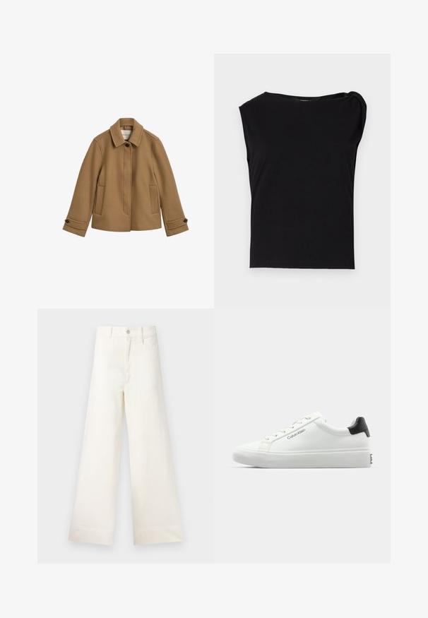 Jachetă maro dintr-un amestec de lână, cu o croială dreaptă, guler, două buzunare frontale și manșete cu nasturi. Prezintă o textură subtilă și linii curate.; Top negru cu maneci scurte, fabricat dintr-un material neted. Prezintă un decolteu rotund și un detaliu drapat pe umăr. Design simplu, ajustat.; Pantaloni cu croi larg din bumbac bej deschis. Prezintă talie înaltă, buzunare frontale și croi drept. Terminare netedă a tivului, fără modele.; Tenisii albi cu un finisaj neted, cu accent pe toc negru și design cu șireturi. Prezintă branding-ul "Calvin Klein" pe lateral. Stil minimalist.