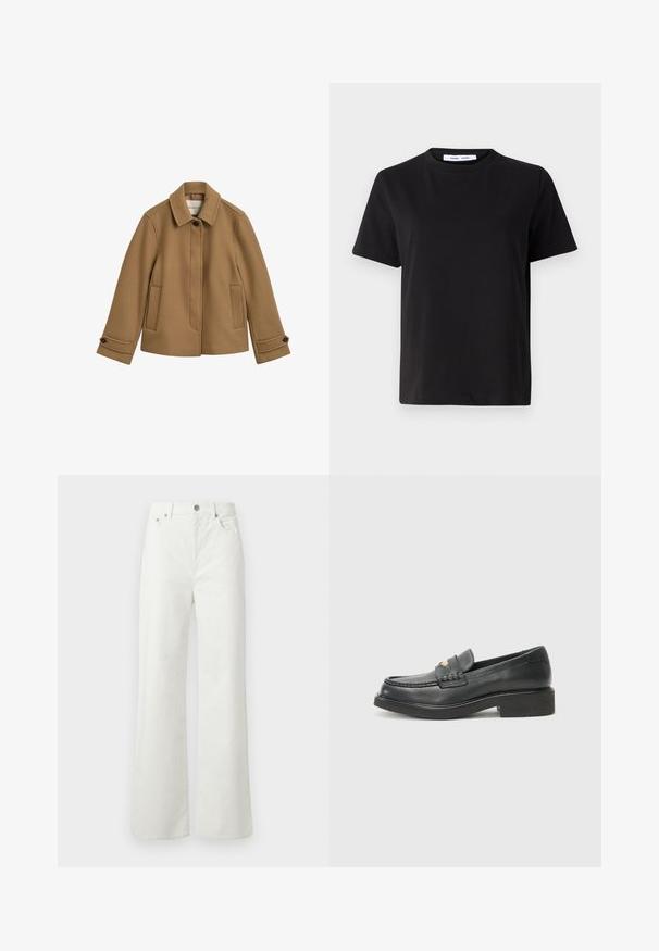 Smeđa jakna od mješavine vune, ravnog kroja, s kragnom, dvjema prednjim dzepovima i dugmadima na manžetama. Ima suptilnu teksturu i čiste linije.; Crna kratka majica s kratkim rukavima od mekanog pamuka, s okruglim izrezom, opuštenim krojem i glatkom teksturom. Nema vidljivih uzoraka ili grafike.; Samsøe Samsøe SHELLY - Traperice opuštenog kroja - clear cream; Crne kožne mokasine s pletenim detaljem na gornjem dijelu, zlatnim logom i debelim crnim gumenim potplatom. Glatka površina s blagim sjajem.