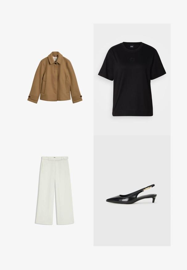 Giacca marrone in misto lana con taglio dritto, colletto, due tasche frontali e polsini con bottoni. Presenta una consistenza sottile e linee pulite.; Maglietta in cotone nera con scollatura tonda, maniche corte e logo ricamato sul petto. Design semplice e vestibilità rilassata senza motivi.; Pantaloni a gamba larga in tessuto crema chiaro, dotati di tasche laterali, frontale liscio e chiusura a un bottone in vita. Texture morbida.; Tacchi slingback in pelle nera con punta affusolata, caratterizzati da un tacco alto e un accento dorato sulla cinghia regolabile. Texture liscia.