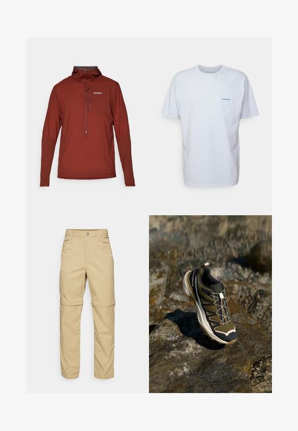 Vyrų rudos spalvos Patagonia ilgos rankovės puloveris su ketvirčio užtrauktuku ir aukštu apykakle, su maža krūtinės logotipo detalė.; Balta medvilninė marškinėliai su trumpomis rankovėmis, apvaliu kaklu ir kairėje krūtinės pusėje esančia kišenėle, turinčia mėlyną "Patagonia" logotipą. Klasikinis siluetas su lygiu paviršiumi.; Šviesiai rudos kelnių su užtrauktuku, turinčių lygų paviršių, su dviem šoninėmis kišenėmis, mygtuko uždarymu ir sukabinamais kelnių galais, kad būtų galima naudoti įvairiai.; Žygio batai olivų žalios ir juodos spalvos su rožiniais akcentais. Turi tekstūruotą viršutinę dalį, lankstų pado tipą, sustiprintą pirštų dalį ir spalvingą raištelių sistemą.