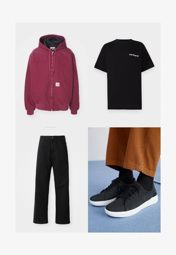 Carhartt WIP ACTIVE JACKET - Light jacket - malbec aged; Black cotton t-shirt with short sleeves, crew neckline, and white "Carhartt" logo on the left chest. Smooth texture, minimal design.; Black denim pants with a straight cut, featuring front pockets, a zip fly, and a single top button. Textured fabric with a matte finish.; Black suede sneakers with white rubber soles, featuring lace-up design, textured accents, and subtle branding, paired with brown pants.