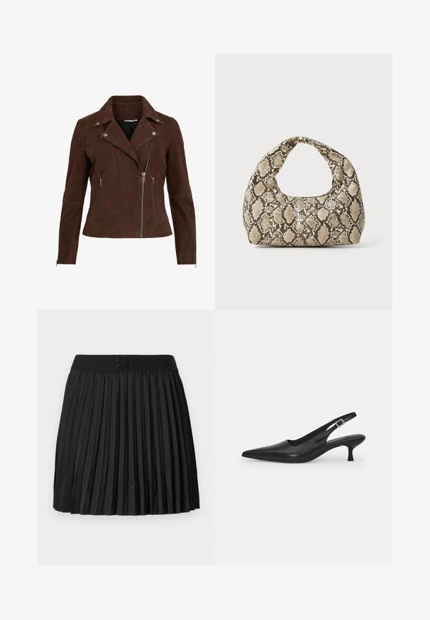 Pruun nahast mootorrattajakk, millel on notšitud krae, hõbedased lukud ja lukuga taskud. Omab keha ligi asuvat siluetti ja tekstureeritud viimistlust.; Mustmust, millel on pikad läbipaistvad varrukad, tekstuuriga lehe muster, ümmargune kaelus ja väike tagumine võtmeauk.; Must mustriga seelik, millel on sile tekstuur, musta värvi elastne vöökoht ja esiküljel reljeefne logo detail.; Mustmustast musta nahast slingback king, millel on terav varvas ja kitsas, kumer konts. Omab diskreetset reguleeritavat rihma metallist pandlaga.; Musta käärmeprindiga kott kõveraga käepidemega. Valmistatud tekstiilsetest, beežidest ja pruunidest materjalidest, millel on iseloomulik rombikujuline muster.