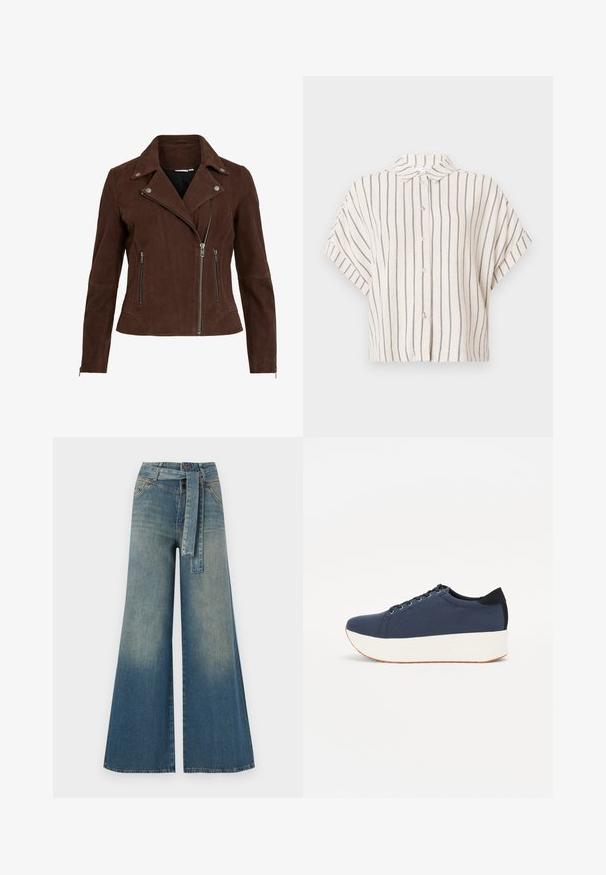 Bruine suede motorjack met een gekartelde kraag, zilveren ritsen en ritszakken. Heeft een getailleerde pasvorm en een gestructureerde afwerking.; Kortaanshirt met kraag van crèmekleurige stof met verticale marineblauwe strepen. Knopsluiting aan de voorkant, cropped ontwerp en een ontspannen pasvorm.; Wijduitlopende denim broek met een lichte naar donkere blauwe gradient, hoge taille, riemlussen en een bijpassende stoffen riem. Gestructureerde denimafwerking.; Marineblauwe sneaker met een textuurstof bovenwerk, witte platformzool, ronde neus en zwart hakaccent. Voorzien van zes gaatjes voor veters.