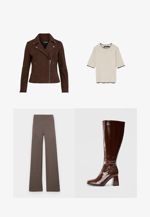 Rjava zamskasta motoristična jakna z izrezanim ovratnikom, srebrnimi zadrgami in žepi na zadrgo. Ima prilegan silhueto in teksturirano površino.; T-maica kratkih rukavov, svetle bež barve, z okroglo izrezano vrvico ter kontrastnim črnim robom okoli izreza in rokavov, predstavljena raven.; Svetlo rjave široke hlače z rebrasto teksturo, z elastičnim pasom in mehko, teksturirano tkanino.; Bordeaux visoke škornje iz paten usnja z kvadratnim nosom, sijajno zaključno obdelavo in masivnim peto za stabilnost. Brezšiven dizajn brez vidnega okovja.