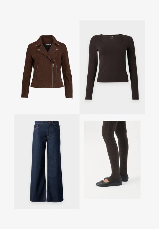 Bruine suede motorjack met een gekartelde kraag, zilveren ritsen en ritszakken. Heeft een getailleerde pasvorm en een gestructureerde afwerking.; Zwarte lange mouwen, getailleerde top met een vierkante halslijn, gelabeled GAP, weergegeven op een witte achtergrond.; Stijlen met wijde pijpen in donkerblauw denim. Kenmerkt zich door contrasterende stiksels, vijf zakken en een knoopsluiting in de taille. Soepele textuur.; Zwarte platte schoenen met een kleine strikdetail op de neus, gecombineerd met donkerbruine geribbelde panty’s. De schoenen hebben een gladde textuur en een lage profiel.