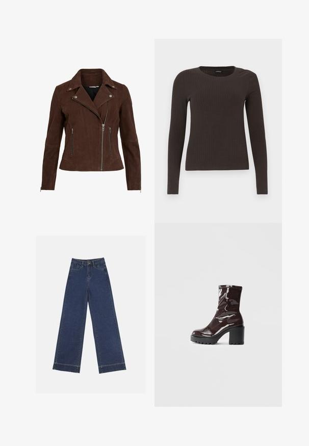 Bruine suede motorjack met een gekartelde kraag, zilveren ritsen en ritszakken. Heeft een getailleerde pasvorm en een gestructureerde afwerking.; Bruine, lang%C3%A8ve ribgebreide top met een ronde hals. Gemaakt van een soepel, rekbaar materiaal, met een getailleerde pasvorm en minimale details.; Wide-leg jeans in donkerblauwe denim. Voorzien van vijf zakken, riemlussen en een rauwe zoom onderaan met zichtbare stikseldetails.; Glanzende bordeauxrode enkelboot met een chunky zwarte hak, met een gladde textuur en een eenvoudig ontwerp. Geen zichtbare sluitingen of patronen.
